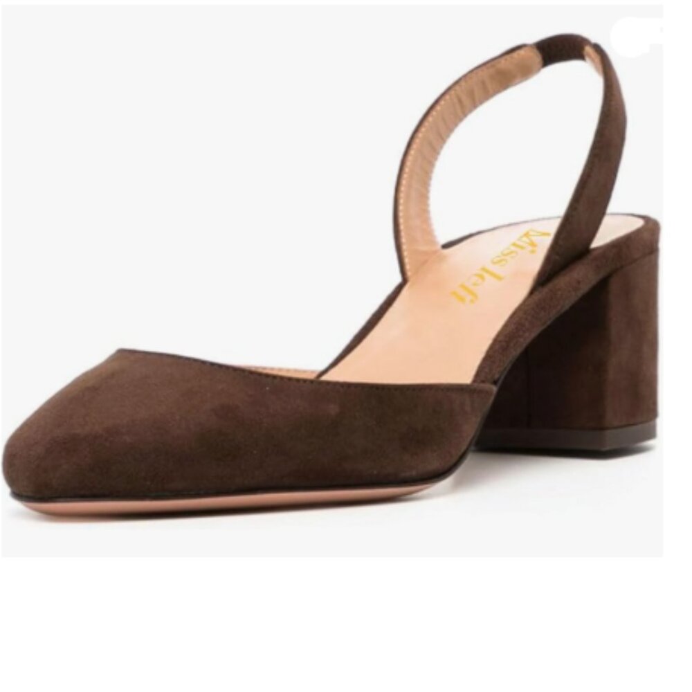 miss left Brown Vintage Slingback Closed Toe Pumps Slip On Block Heels Sandals